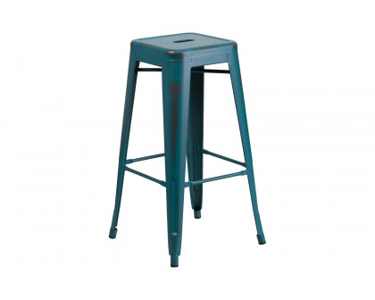 BLNK Kai Commercial Metal Backless Distressed Indoor-Outdoor Bar Stool - Kelly Blue/Teal