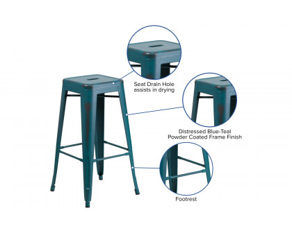 BLNK Kai Commercial Metal Backless Distressed Indoor-Outdoor Bar Stool - Kelly Blue/Teal