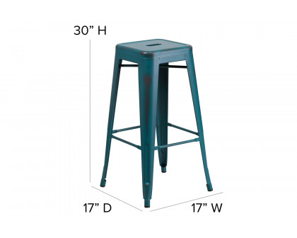 BLNK Kai Commercial Metal Backless Distressed Indoor-Outdoor Bar Stool - Kelly Blue/Teal