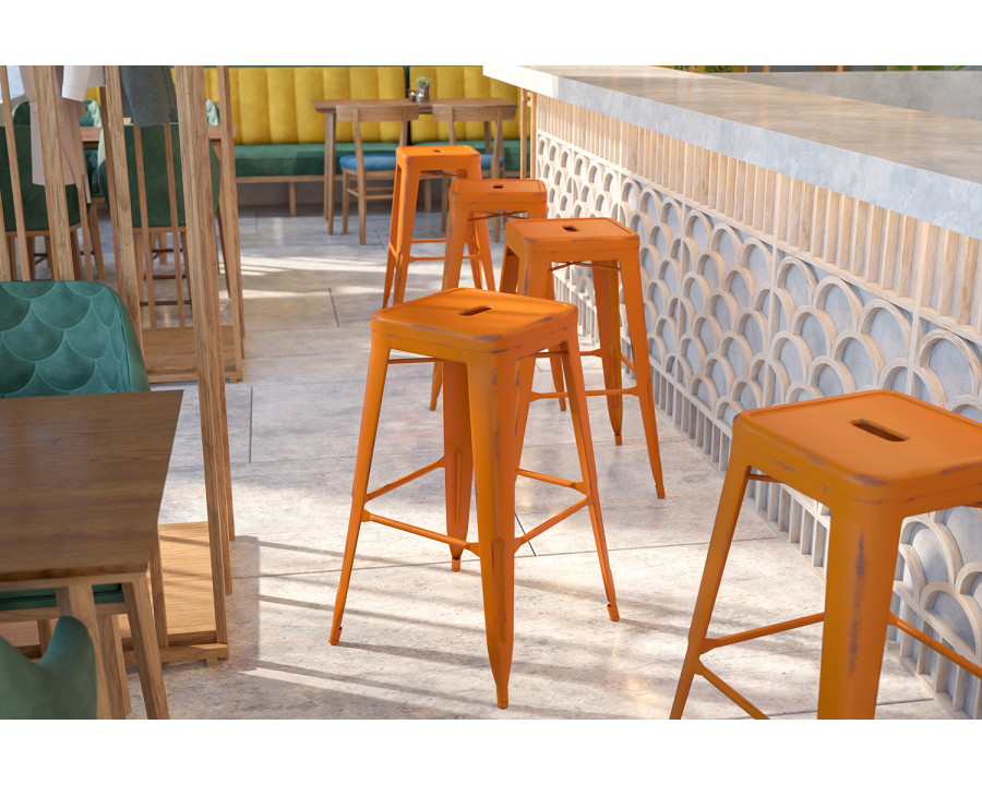 BLNK Kai Commercial Metal Backless Distressed Indoor-Outdoor Bar Stool - Orange