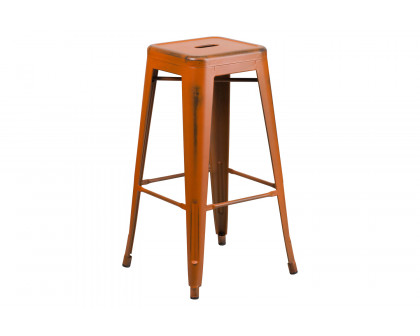 BLNK Kai Commercial Metal Backless Distressed Indoor-Outdoor Bar Stool - Orange