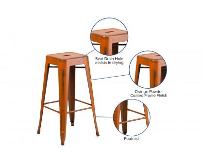 BLNK Kai Commercial Metal Backless Distressed Indoor-Outdoor Bar Stool - Orange