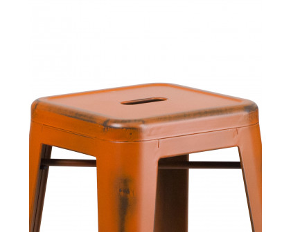 BLNK Kai Commercial Metal Backless Distressed Indoor-Outdoor Bar Stool - Orange