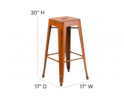 BLNK Kai Commercial Metal Backless Distressed Indoor-Outdoor Bar Stool - Orange