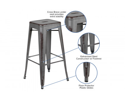 BLNK Kai Commercial Metal Backless Distressed Indoor-Outdoor Bar Stool - Silver Gray