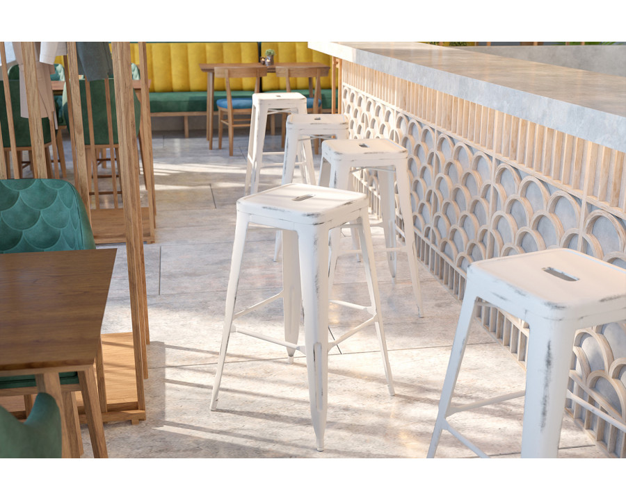 BLNK Kai Commercial Metal Backless Distressed Indoor-Outdoor Bar Stool - White