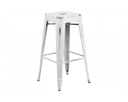 BLNK Kai Commercial Metal Backless Distressed Indoor-Outdoor Bar Stool - White