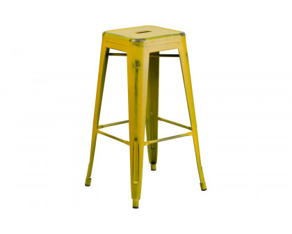 BLNK Kai Commercial Metal Backless Distressed Indoor-Outdoor Bar Stool - Yellow