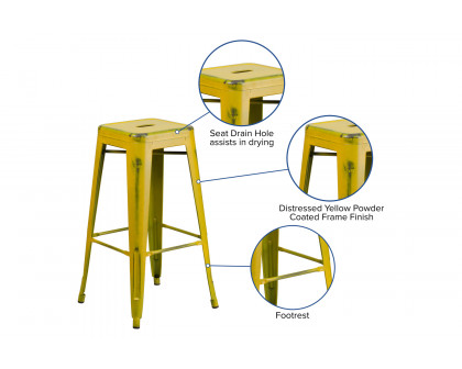 BLNK Kai Commercial Metal Backless Distressed Indoor-Outdoor Bar Stool - Yellow