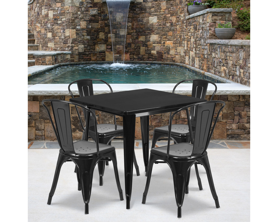 BLNK Foster Commercial Square Metal Indoor-Outdoor Table Set with 4 Stack Chairs - Black