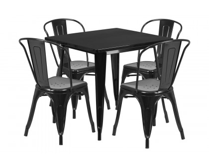 BLNK Foster Commercial Square Metal Indoor-Outdoor Table Set with 4 Stack Chairs