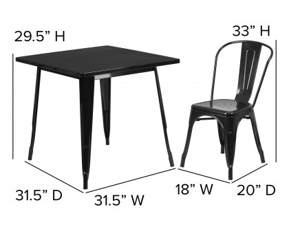 BLNK Foster Commercial Square Metal Indoor-Outdoor Table Set with 4 Stack Chairs - Black