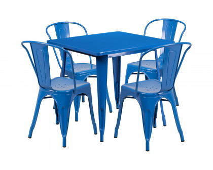 BLNK Foster Commercial Square Metal Indoor-Outdoor Table Set with 4 Stack Chairs