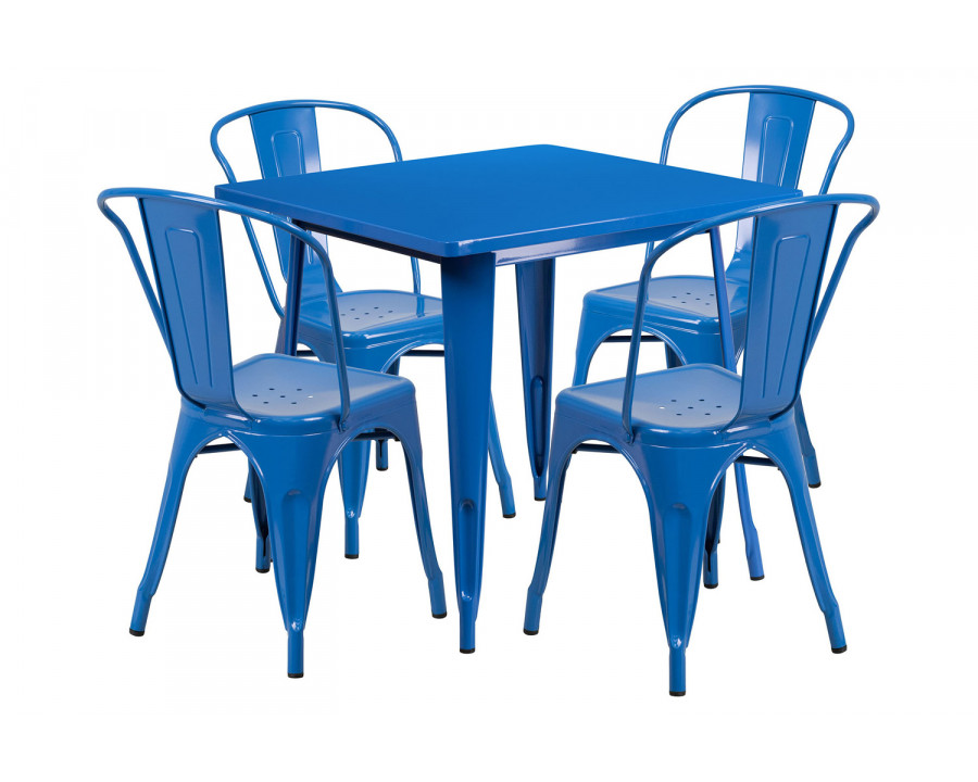 BLNK Foster Commercial Square Metal Indoor-Outdoor Table Set with 4 Stack Chairs - Blue