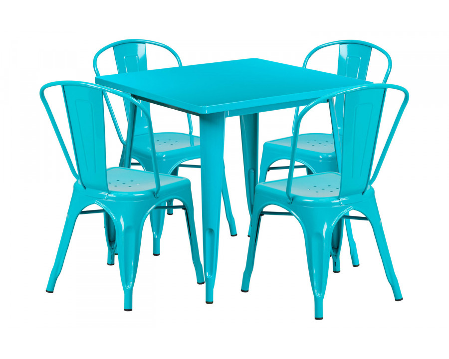 BLNK Foster Commercial Square Metal Indoor-Outdoor Table Set with 4 Stack Chairs - Crystal Teal/Blue