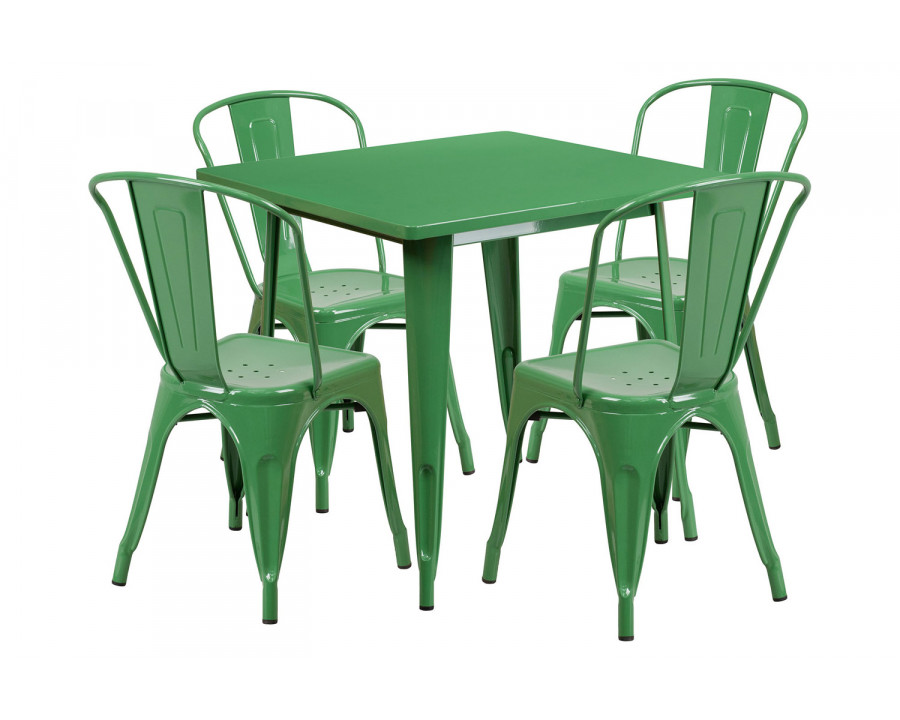 BLNK Foster Commercial Square Metal Indoor-Outdoor Table Set with 4 Stack Chairs - Green