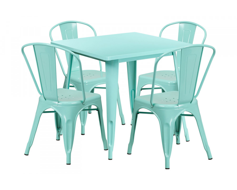 BLNK Foster Commercial Square Metal Indoor-Outdoor Table Set with 4 Stack Chairs - Mint Green