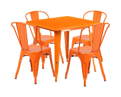 BLNK Foster Commercial Square Metal Indoor-Outdoor Table Set with 4 Stack Chairs