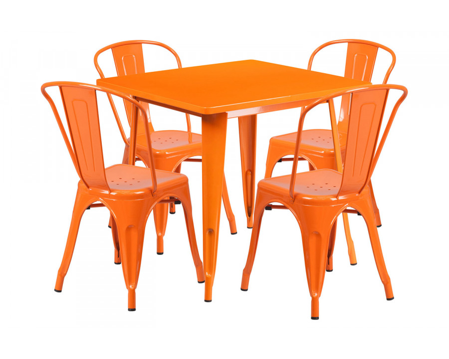 BLNK Foster Commercial Square Metal Indoor-Outdoor Table Set with 4 Stack Chairs - Orange