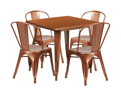 BLNK Foster Commercial Square Metal Indoor-Outdoor Table Set with 4 Stack Chairs