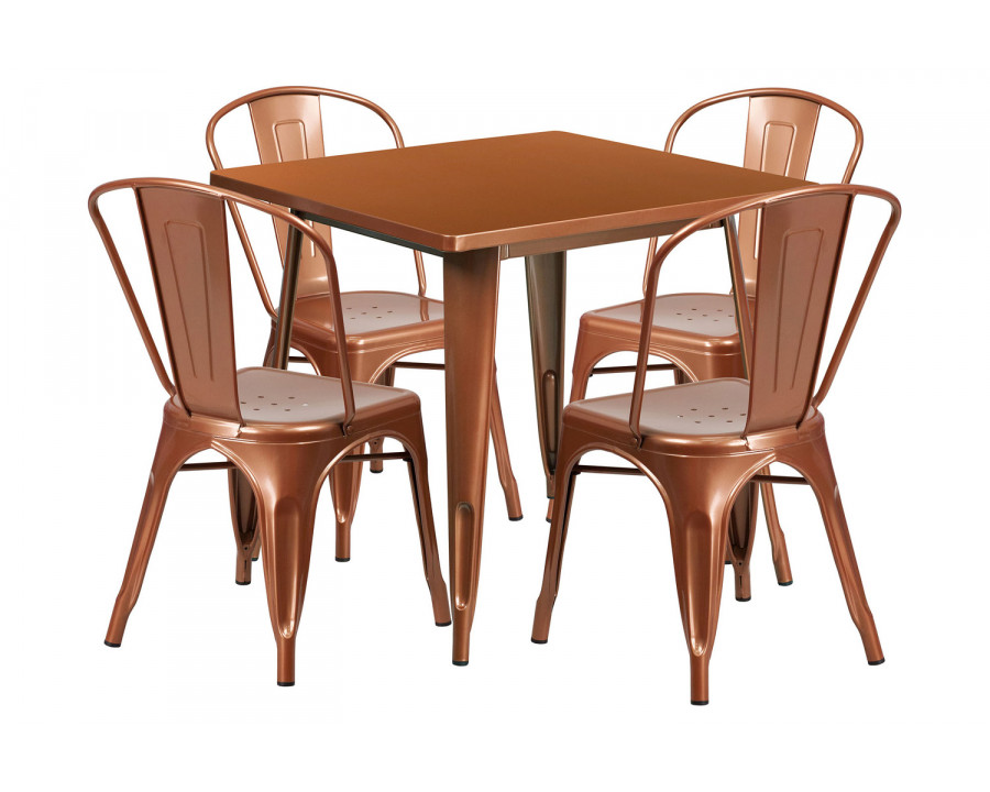 BLNK Foster Commercial Square Metal Indoor-Outdoor Table Set with 4 Stack Chairs - Copper