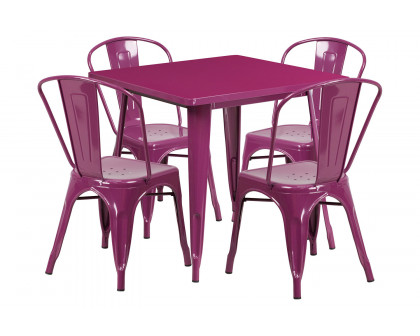 BLNK Foster Commercial Square Metal Indoor-Outdoor Table Set with 4 Stack Chairs