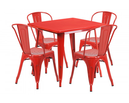 BLNK Foster Commercial Square Metal Indoor-Outdoor Table Set with 4 Stack Chairs