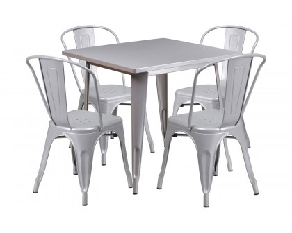 BLNK Foster Commercial Square Metal Indoor-Outdoor Table Set with 4 Stack Chairs