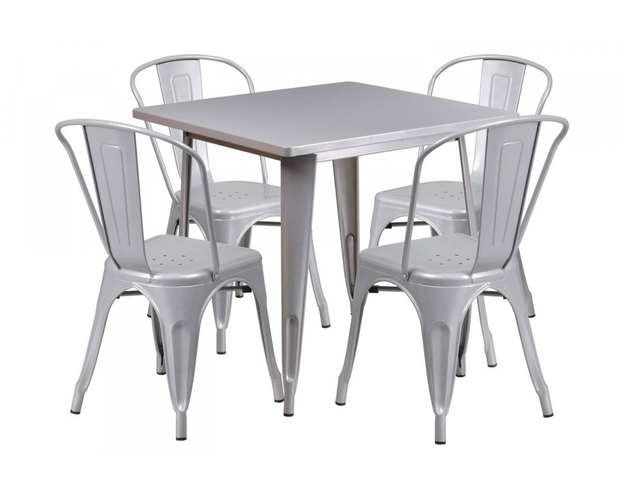 BLNK Foster Commercial Square Metal Indoor-Outdoor Table Set with 4 Stack Chairs - Silver