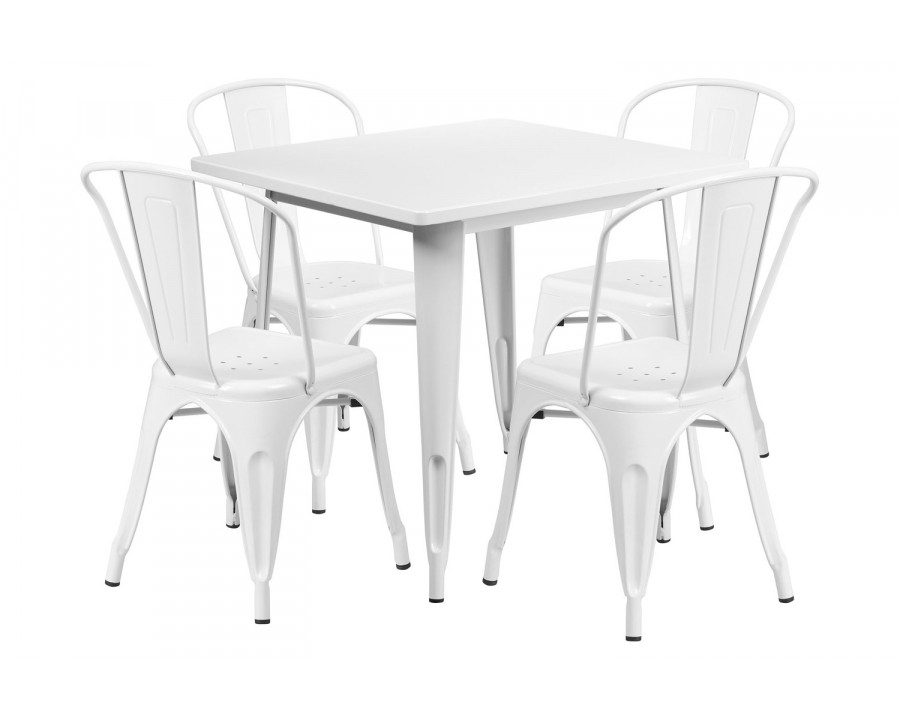 BLNK Foster Commercial Square Metal Indoor-Outdoor Table Set with 4 Stack Chairs