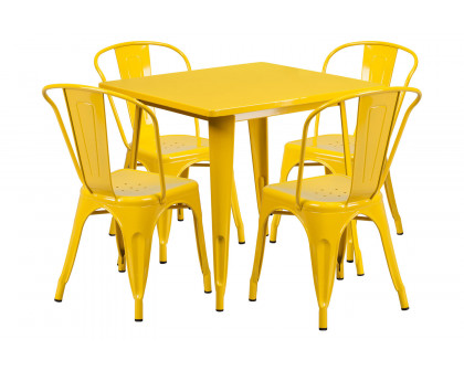 BLNK Foster Commercial Square Metal Indoor-Outdoor Table Set with 4 Stack Chairs