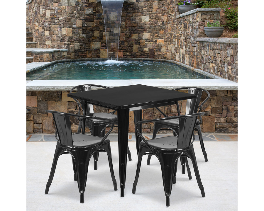 BLNK Grady Commercial Square Metal Indoor-Outdoor Table Set with 4 Arm Chairs - Black