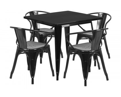 BLNK Grady Commercial Square Metal Indoor-Outdoor Table Set with 4 Arm Chairs - Black