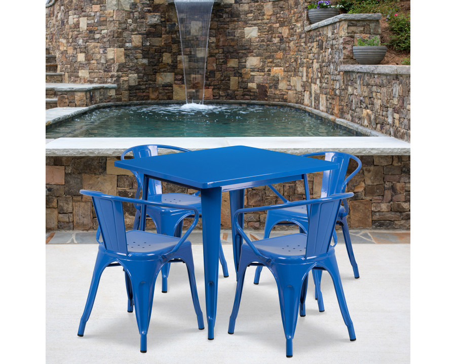 BLNK Grady Commercial Square Metal Indoor-Outdoor Table Set with 4 Arm Chairs - Blue