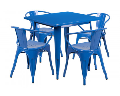 BLNK Grady Commercial Square Metal Indoor-Outdoor Table Set with 4 Arm Chairs - Blue