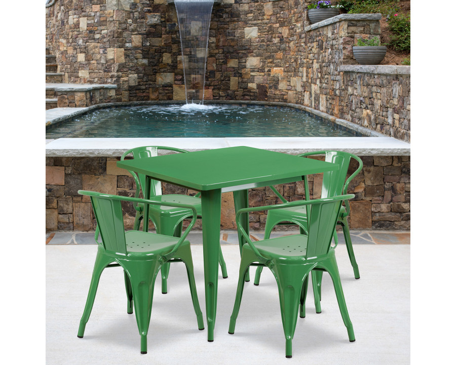 BLNK Grady Commercial Square Metal Indoor-Outdoor Table Set with 4 Arm Chairs - Green