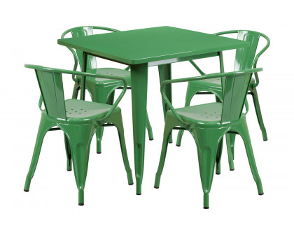 BLNK Grady Commercial Square Metal Indoor-Outdoor Table Set with 4 Arm Chairs - Green