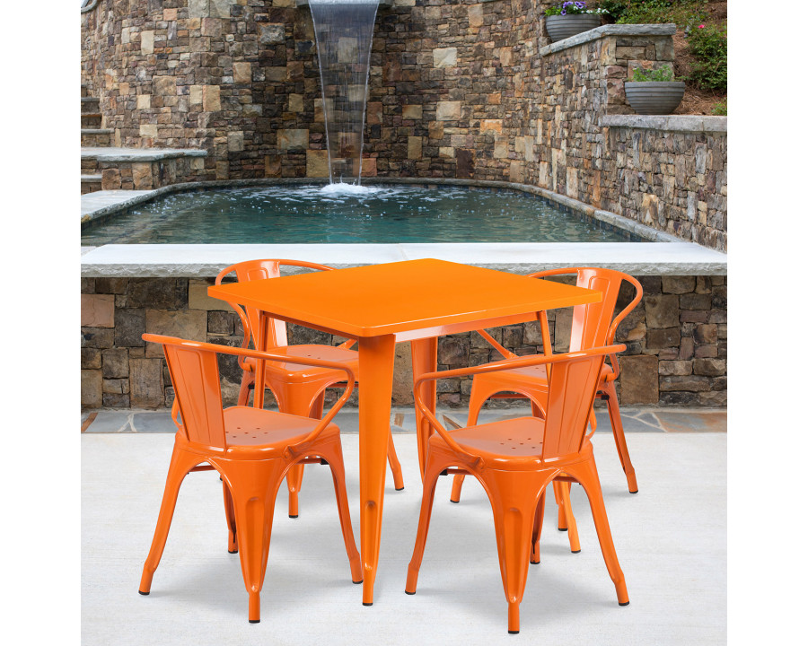 BLNK Grady Commercial Square Metal Indoor-Outdoor Table Set with 4 Arm Chairs - Orange