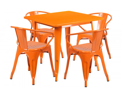 BLNK Grady Commercial Square Metal Indoor-Outdoor Table Set with 4 Arm Chairs - Orange