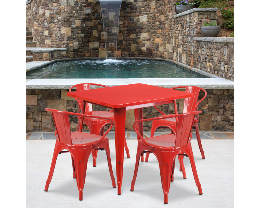 BLNK Grady Commercial Square Metal Indoor-Outdoor Table Set with 4 Arm Chairs - Red