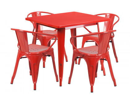 BLNK Grady Commercial Square Metal Indoor-Outdoor Table Set with 4 Arm Chairs - Red