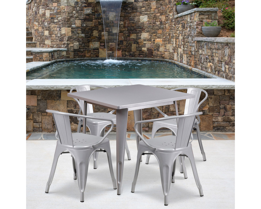 BLNK Grady Commercial Square Metal Indoor-Outdoor Table Set with 4 Arm Chairs