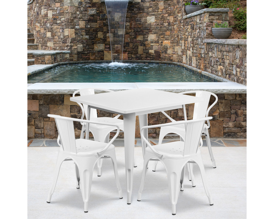 BLNK Grady Commercial Square Metal Indoor-Outdoor Table Set with 4 Arm Chairs - White