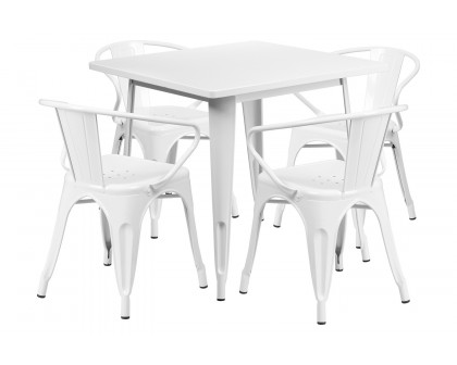 BLNK Grady Commercial Square Metal Indoor-Outdoor Table Set with 4 Arm Chairs - White