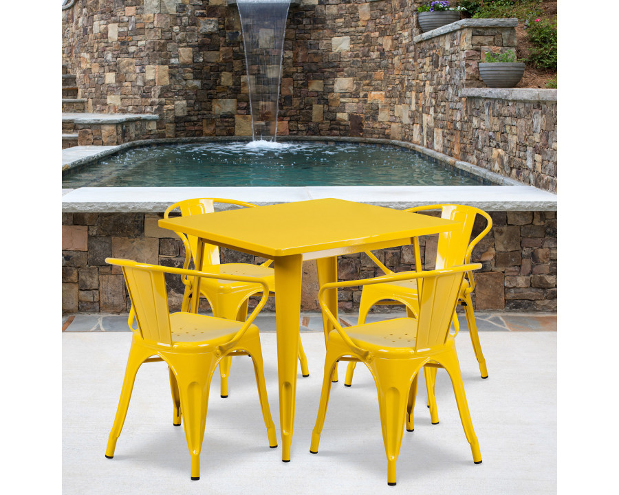 BLNK Grady Commercial Square Metal Indoor-Outdoor Table Set with 4 Arm Chairs - Yellow