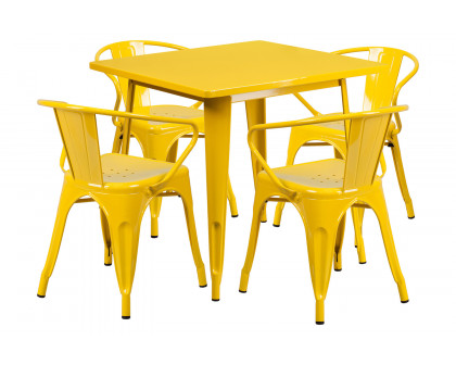 BLNK Grady Commercial Square Metal Indoor-Outdoor Table Set with 4 Arm Chairs - Yellow