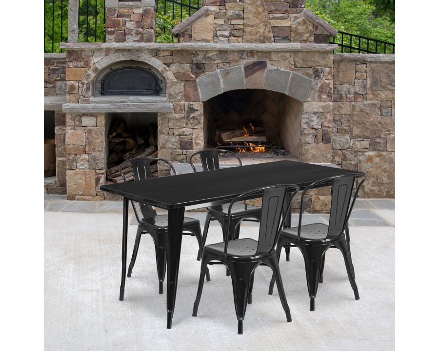 BLNK Darcy Commercial Rectangular Metal Indoor-Outdoor Table Set with 4 Stack Chairs - Black