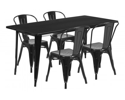 BLNK Darcy Commercial Rectangular Metal Indoor-Outdoor Table Set with 4 Stack Chairs - Black