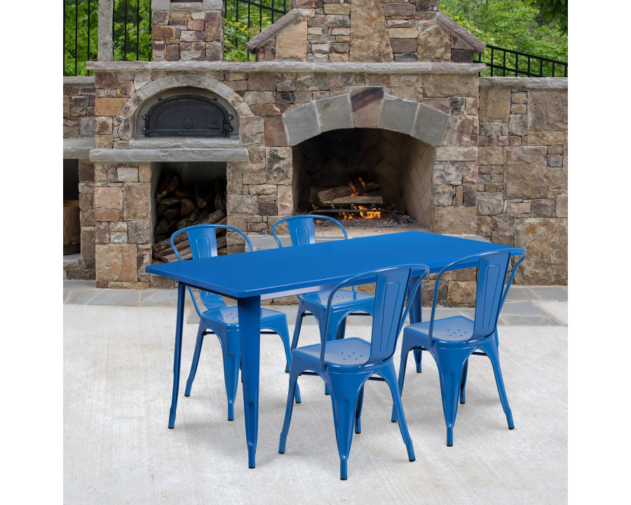 BLNK Darcy Commercial Rectangular Metal Indoor-Outdoor Table Set with 4 Stack Chairs - Blue