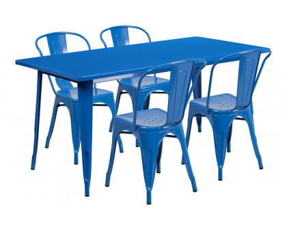 BLNK Darcy Commercial Rectangular Metal Indoor-Outdoor Table Set with 4 Stack Chairs - Blue